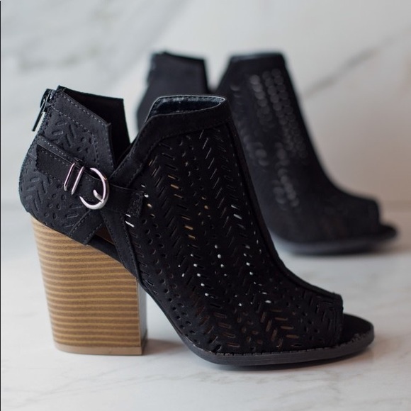 Shoes - Perforated Cut Peep Toe Block Heel Booties